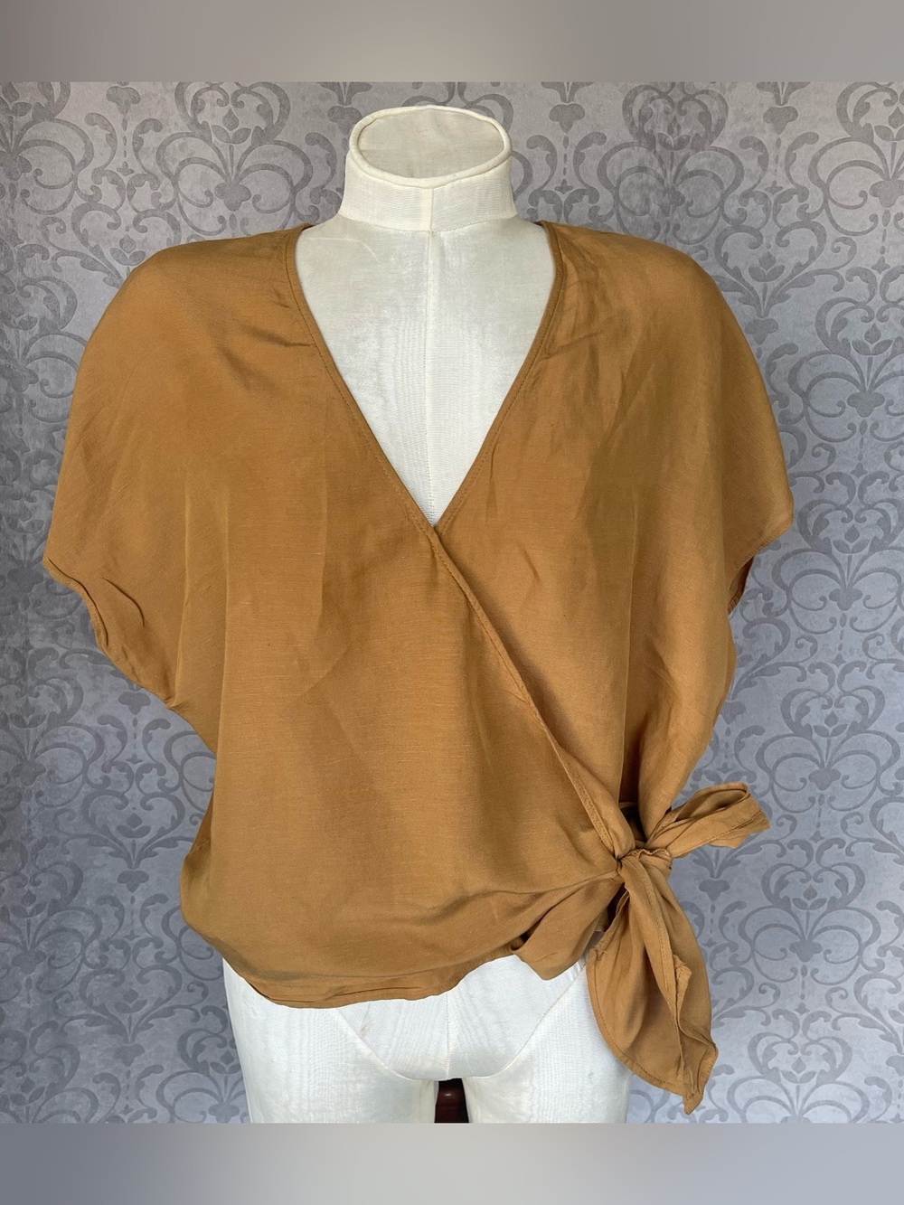 Madewell V-Neck Linen-Blend Sash-Tie Wrap Top in Toffee Blouse Sz XL